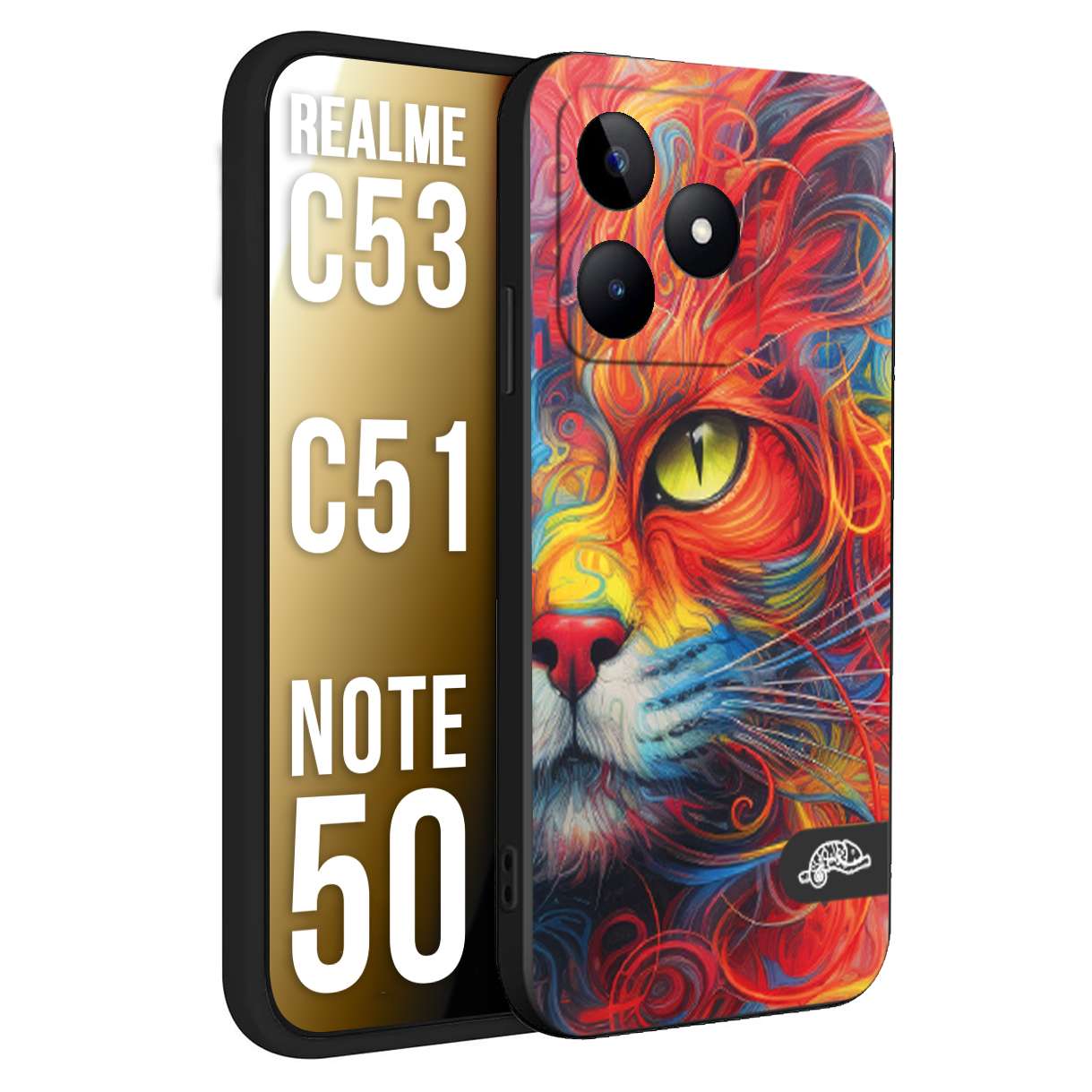 CUSTOMIZZA - Custodia cover nera morbida in tpu compatibile per Oppo Realme C53 - C51 - NOTE 50 animali color cat gatto viso colori vibranti disegnato schizzo