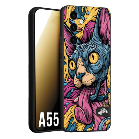 CUSTOMIZZA - Custodia cover nera morbida in tpu compatibile per Samsung A55 5G Sphynx Colorato Pop Art Psichedelico Gatto Blu Rosa Giallo Artistica Fantasy