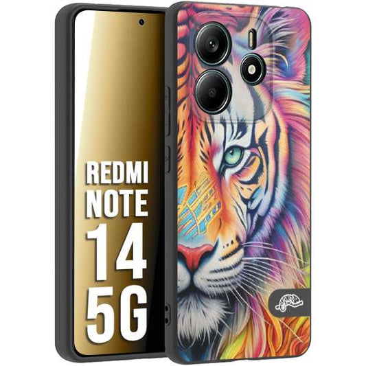 CUSTOMIZZA - Custodia cover nera morbida in tpu compatibile per Xiaomi Redmi Note 14 5G animali color tigre tiger viso colori vibranti disegnato schizzo