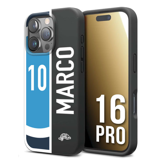 CUSTOMIZZA - Custodia cover nera morbida in tpu compatibile per iPhone 16 PRO personalizzata calcio football nome e numero calciatori biancoazzurri bianco celesti