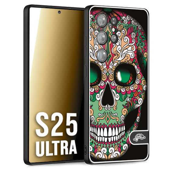CUSTOMIZZA - Custodia cover nera morbida in tpu compatibile per Samsung S25 ULTRA teschio messicano Mexican skull verde fucsia