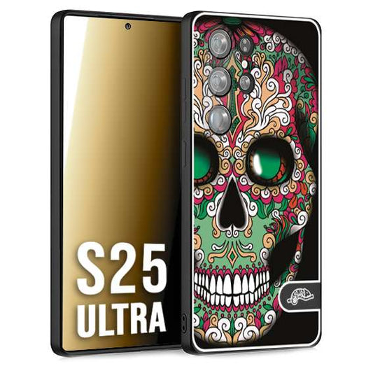 CUSTOMIZZA - Custodia cover nera morbida in tpu compatibile per Samsung S25 ULTRA teschio messicano Mexican skull verde fucsia