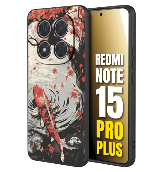 CUSTOMIZZA - Custodia cover nera morbida in tpu compatibile per Xiaomi Redmi Note 15 PRO PLUS giapponese lago carpa koi rossa con foglie d'acero rosso disegnata tattoo