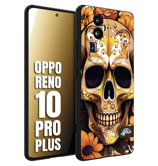 CUSTOMIZZA - Custodia cover nera morbida in tpu compatibile per Oppo Reno 10 PRO PLUS teschio messicano colorato dorato fiori tattoo disegnato