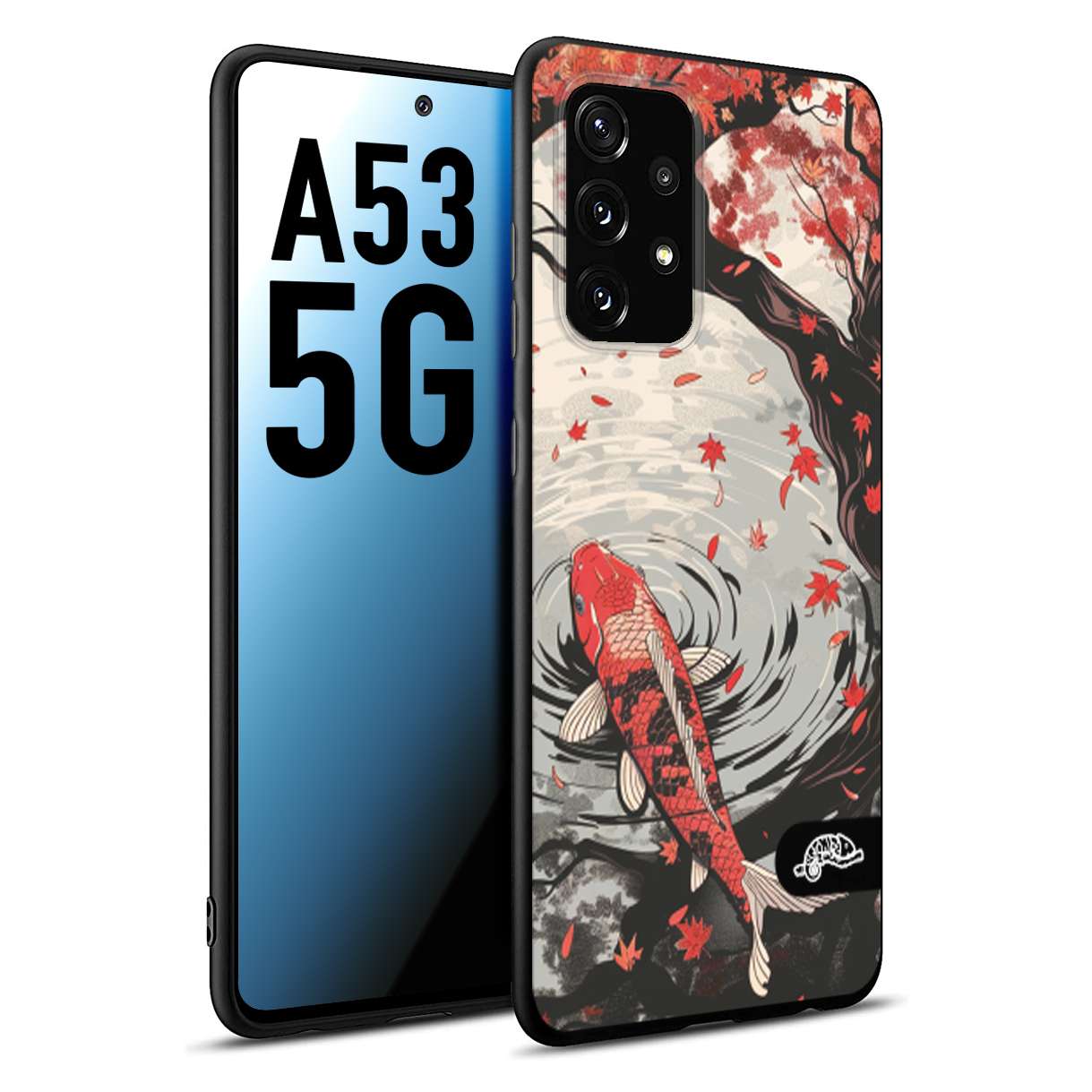 CUSTOMIZZA - Custodia cover nera morbida in tpu compatibile per Samsung A53 5G giapponese lago carpa koi rossa con foglie d'acero rosso disegnata tattoo