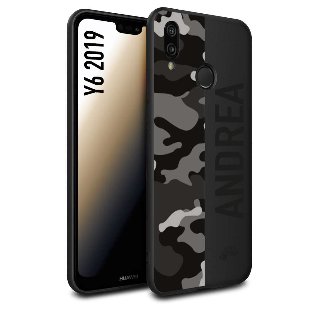 CUSTOMIZZA - Custodia cover nera morbida in tpu compatibile per Huawei Y6 2019 camouflage mimetico militare personalizzata nome