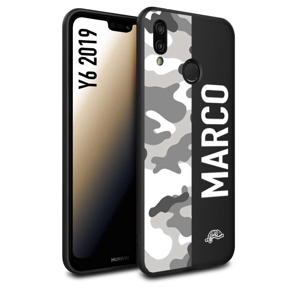 CUSTOMIZZA - Custodia cover nera morbida in tpu compatibile per Huawei Y6 2019 camouflage mimetico militare personalizzata nome bianco