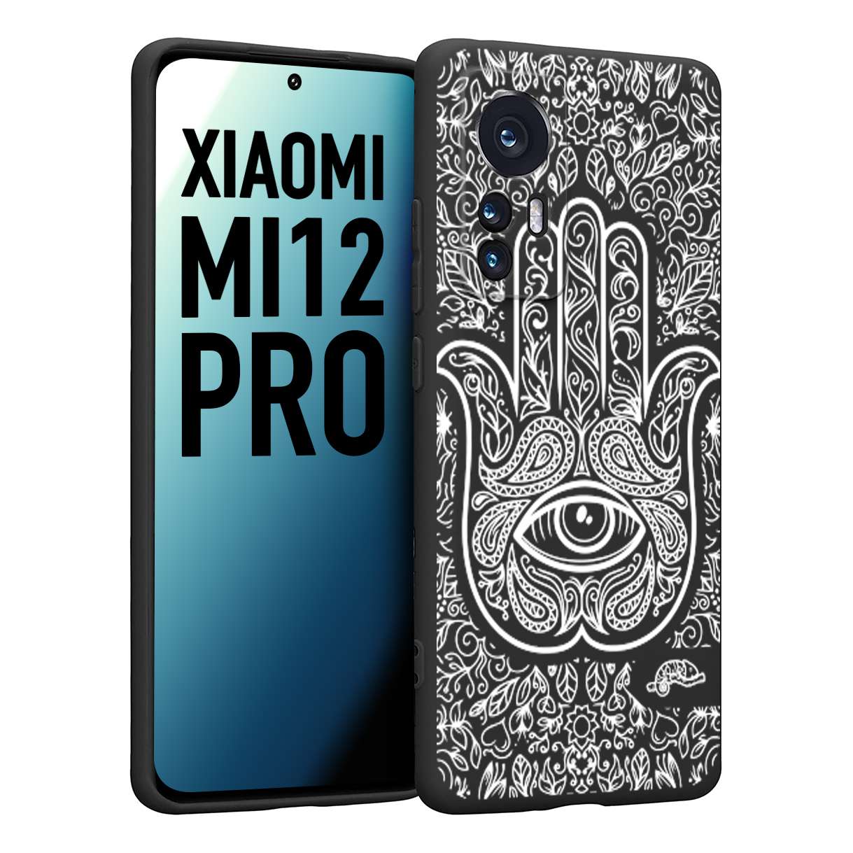 CUSTOMIZZA - Custodia cover nera morbida in tpu compatibile per Xiaomi 12 PRO mano di fatima effetto rilievo mandala donna