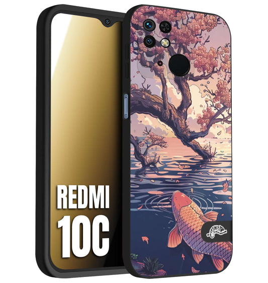CUSTOMIZZA - Custodia cover nera morbida in tpu compatibile per Xiaomi Redmi 10C giapponese lago carpa koi rosa con foglie d'acero disegnata tattoo