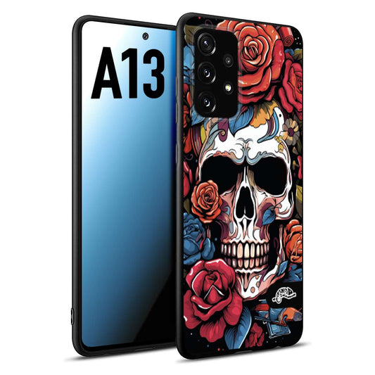 CUSTOMIZZA - Custodia cover nera morbida in tpu compatibile per Samsung A13 teschio skull flowers fiori rose rosse tattoo disegnato