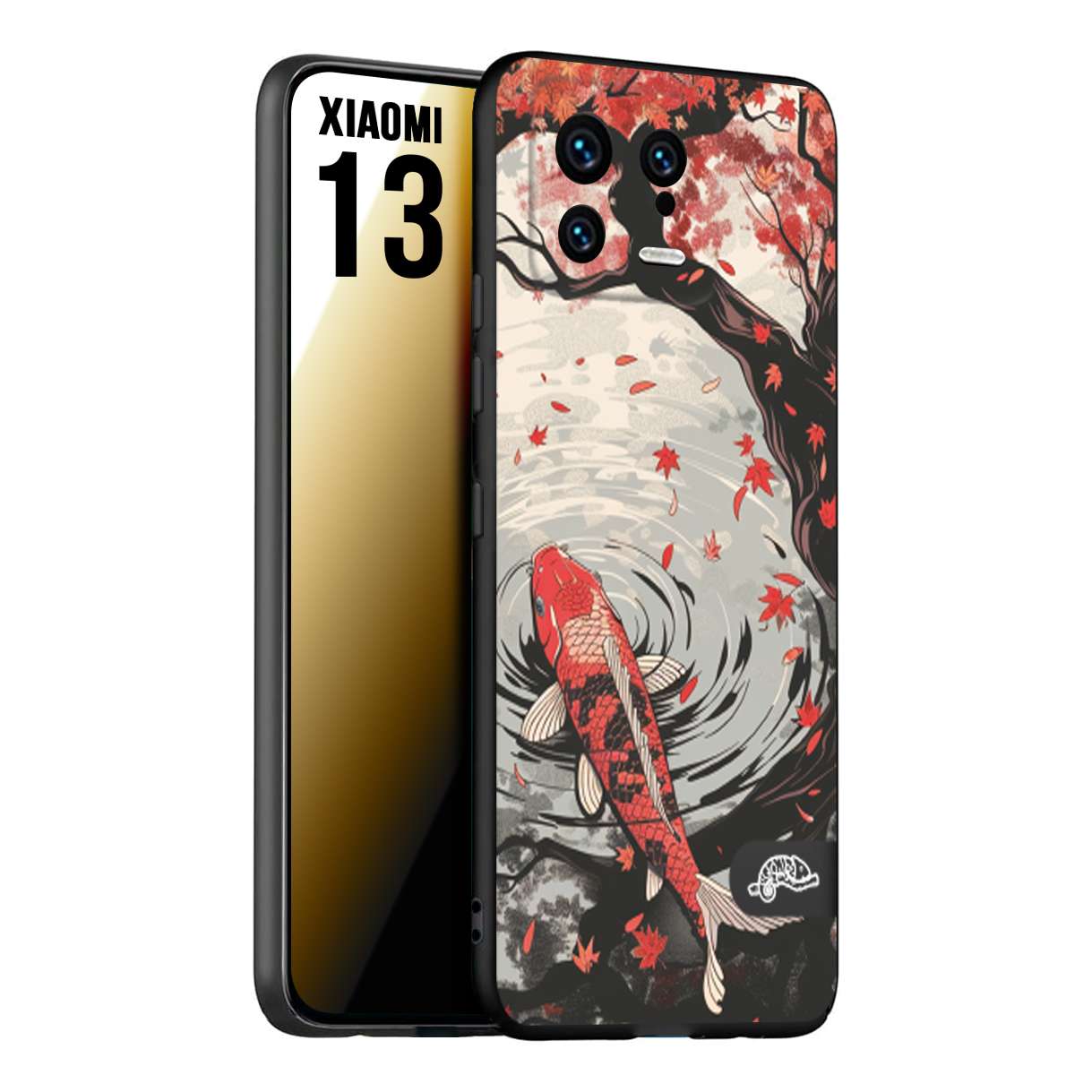 CUSTOMIZZA - Custodia cover nera morbida in tpu compatibile per Xiaomi 13 giapponese lago carpa koi rossa con foglie d'acero rosso disegnata tattoo