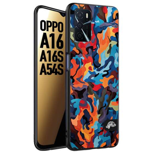 CUSTOMIZZA - Custodia cover nera morbida in tpu compatibile per Oppo A16 - A16S - A54S camouflage mimetico militare moderno blu arancio rosso