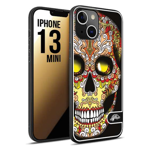 CUSTOMIZZA - Custodia cover nera morbida in tpu compatibile per iPhone 13 MINI teschio messicano Mexican skull giallo rosso arancio