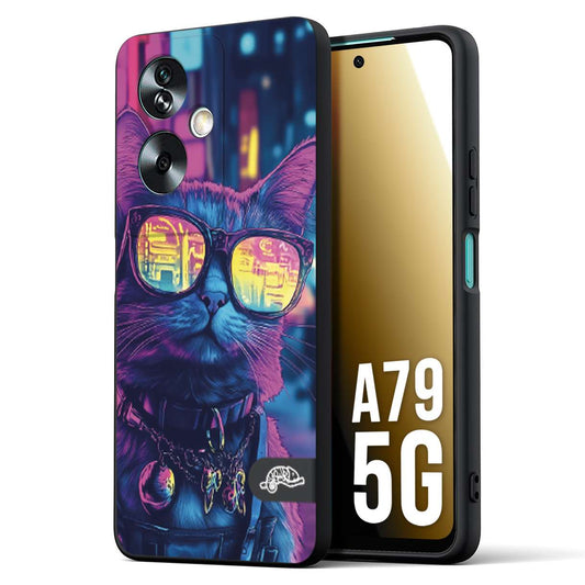 CUSTOMIZZA - Custodia cover nera morbida in tpu compatibile per Oppo A79 5G animali cyberpunk gatto street cat fucsia blu giallo
