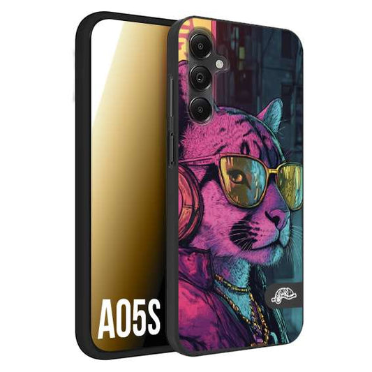 CUSTOMIZZA - Custodia cover nera morbida in tpu compatibile per Samsung A05S animali cyberpunk pantera street cat fucsia blu giallo