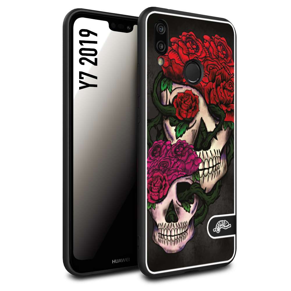 CUSTOMIZZA - Custodia cover nera morbida in tpu compatibile per Huawei Y7 2019 teschi e rose rosse fucsia skull and roses