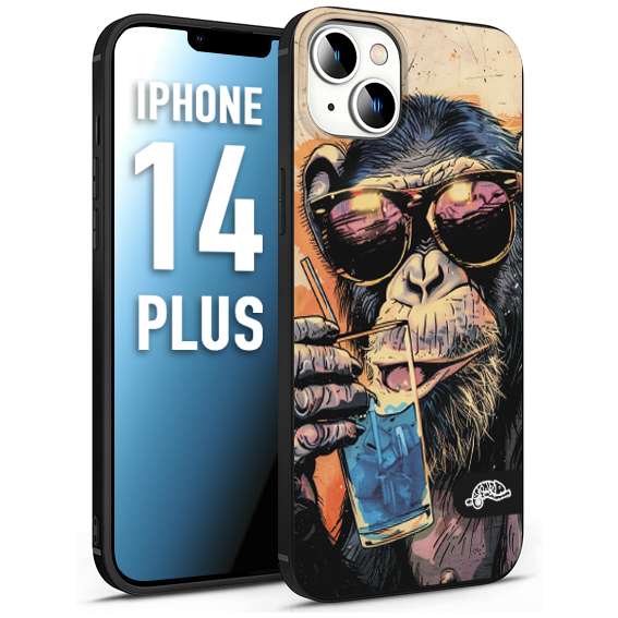 CUSTOMIZZA - Custodia cover nera morbida in tpu compatibile per iPhone 14 PLUS estate disegnata cocktails animali simpatici scimmia monkey negroni