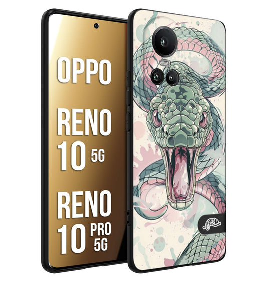 CUSTOMIZZA - Custodia cover nera morbida in tpu compatibile per Oppo Reno 10 5G - 10 PRO 5G snake pink green serpente tatuaggio tattoo disegnato a mano
