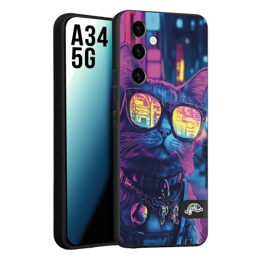 CUSTOMIZZA - Custodia cover nera morbida in tpu compatibile per Samsung A34 5G animali cyberpunk gatto street cat fucsia blu giallo