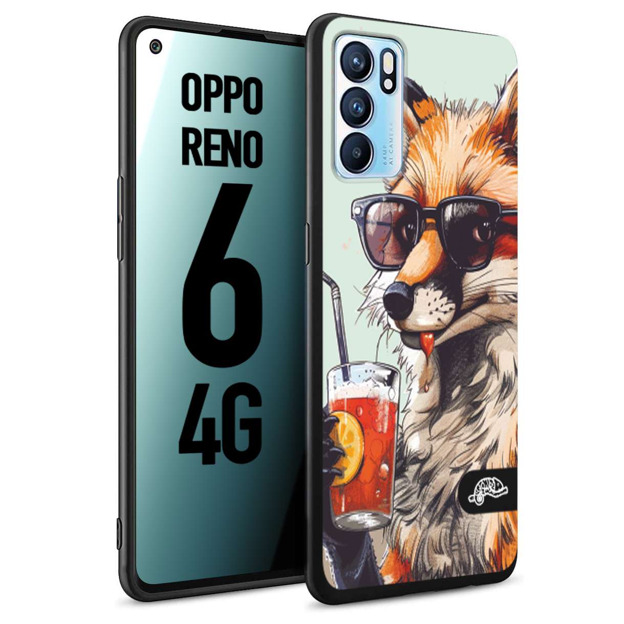 CUSTOMIZZA - Custodia cover nera morbida in tpu compatibile per Oppo Reno 6 4G estate disegnata cocktails animali simpatici fox volpe negroni