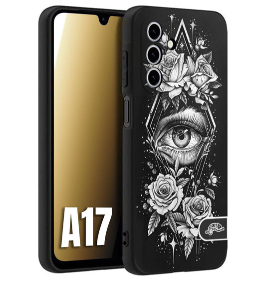 CUSTOMIZZA - Custodia cover nera morbida in tpu compatibile per Samsung A17 occhio fiori rombo geometrico black and white bianco a rilievo disegnato tattoo tatuaggio