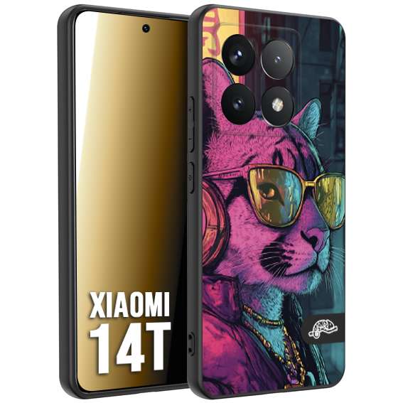 CUSTOMIZZA - Custodia cover nera morbida in tpu compatibile per Xiaomi 14T animali cyberpunk pantera street cat fucsia blu giallo