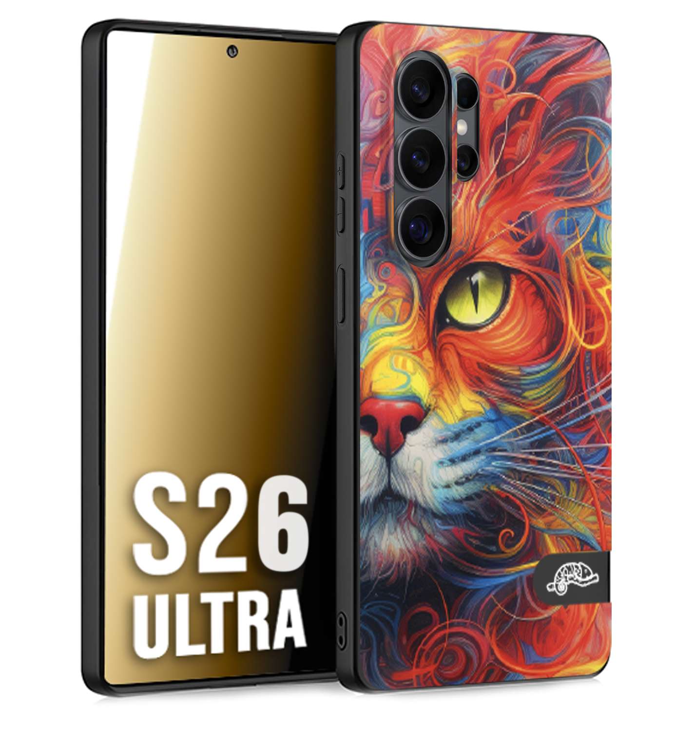CUSTOMIZZA - Custodia cover nera morbida in tpu compatibile per Samsung S26 ULTRA animali color cat gatto viso colori vibranti disegnato schizzo