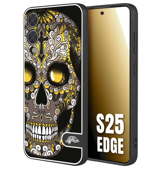 CUSTOMIZZA - Custodia cover nera morbida in tpu compatibile per Samsung S25 EDGE teschio messicano Mexican skull nero giallo