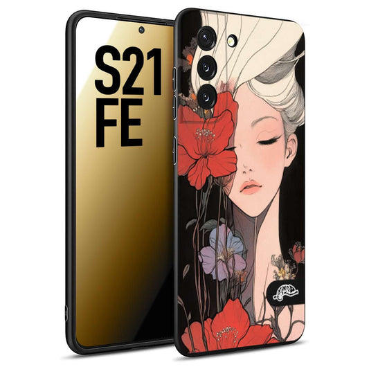 CUSTOMIZZA - Custodia cover nera morbida in tpu compatibile per Samsung S21 FE woman flower Fantasia Floreale Design Donna e Fiori, Retro Artistico