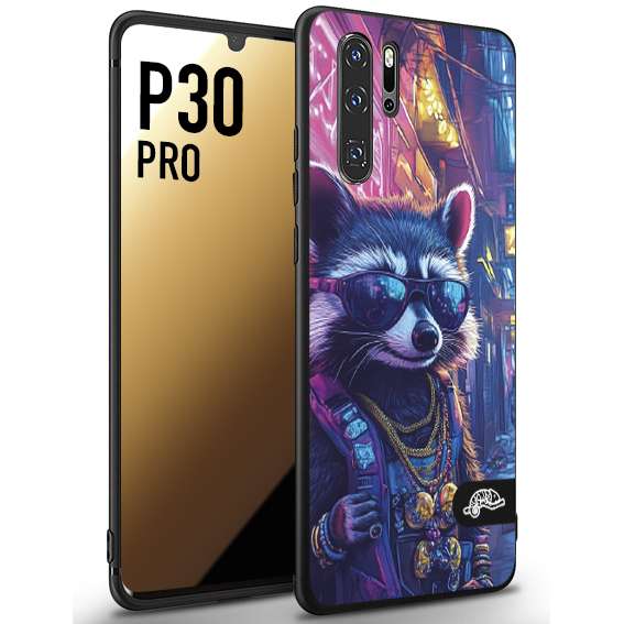 CUSTOMIZZA - Custodia cover nera morbida in tpu compatibile per Huawei P30 PRO animali simpatici cyberpunk procione racoon street cat fucsia blu giallo