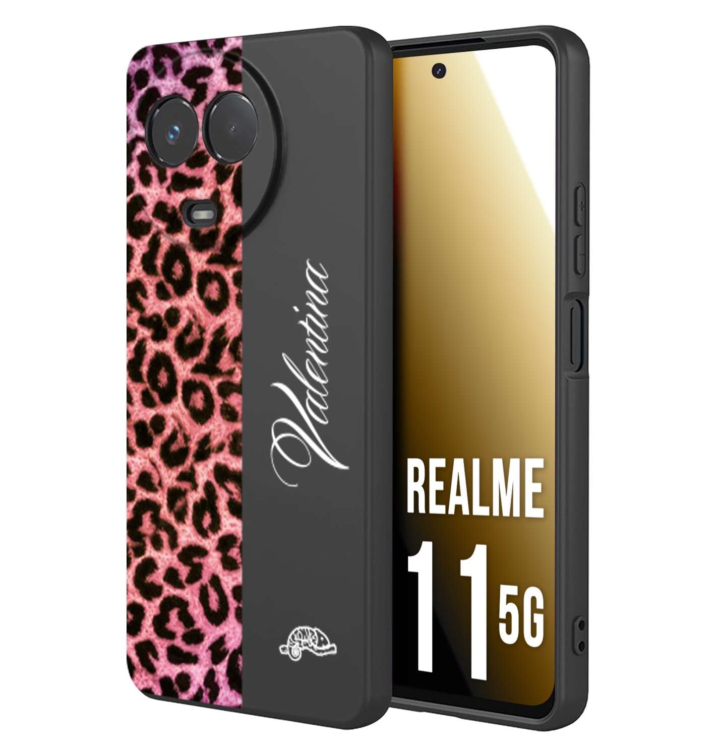 CUSTOMIZZA - Custodia cover nera morbida in tpu compatibile per Oppo Realme 11 5G leopardato rosa fucsia personalizzata nome iniziali