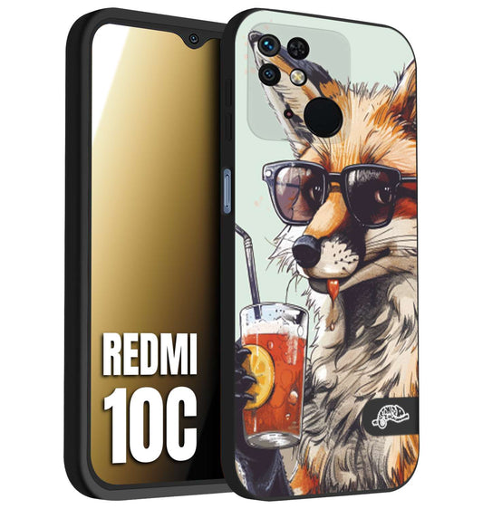 CUSTOMIZZA - Custodia cover nera morbida in tpu compatibile per Xiaomi Redmi 10C estate disegnata cocktails animali simpatici fox volpe negroni