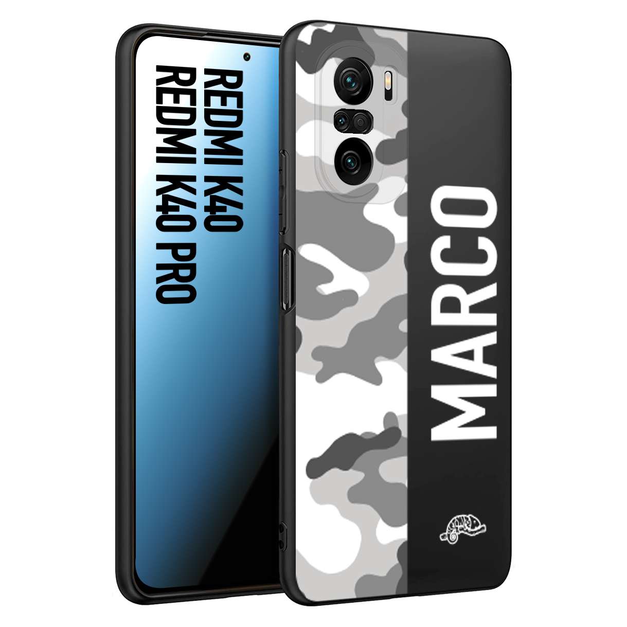 CUSTOMIZZA - Custodia cover nera morbida in tpu compatibile per Xiaomi Redmi K40 - K40 Pro camouflage mimetico militare personalizzata nome bianco