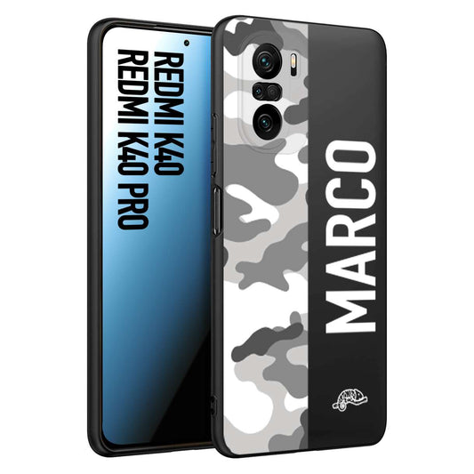 CUSTOMIZZA - Custodia cover nera morbida in tpu compatibile per Xiaomi Redmi K40 - K40 Pro camouflage mimetico militare personalizzata nome bianco