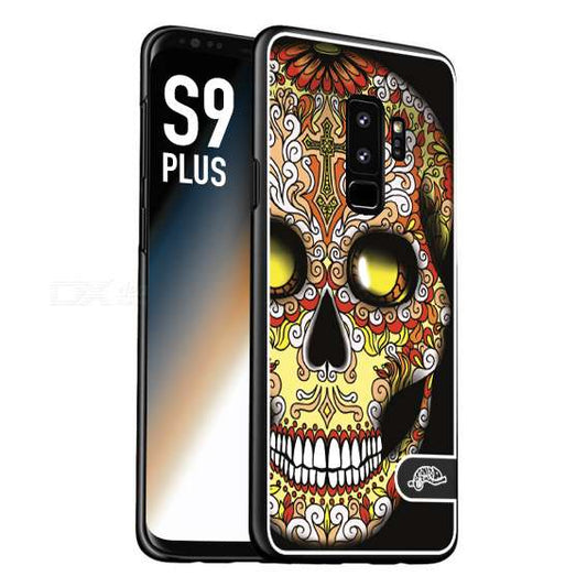 CUSTOMIZZA - Custodia cover nera morbida in tpu compatibile per Samsung S9 PLUS teschio messicano Mexican skull giallo rosso arancio