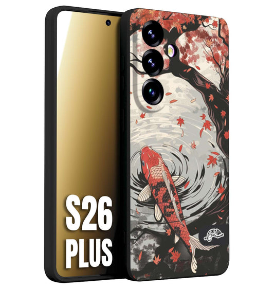 CUSTOMIZZA - Custodia cover nera morbida in tpu compatibile per Samsung S26 PLUS giapponese lago carpa koi rossa con foglie d'acero rosso disegnata tattoo