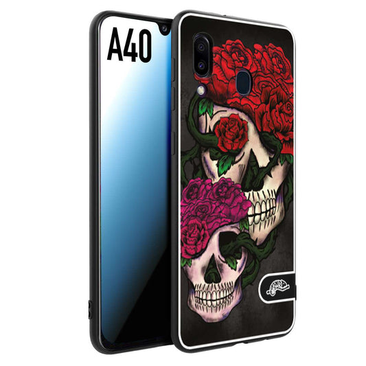 CUSTOMIZZA - Custodia cover nera morbida in tpu compatibile per Samsung A40 teschi e rose rosse fucsia skull and roses