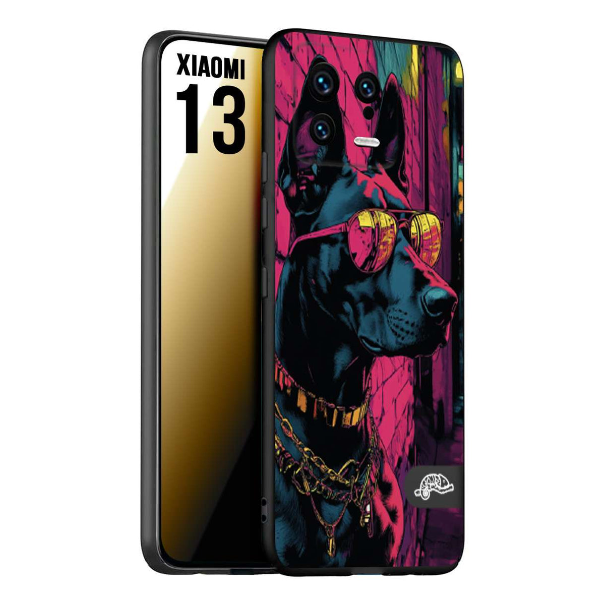 CUSTOMIZZA - Custodia cover nera morbida in tpu compatibile per Xiaomi 13 animali cyberpunk dobermann cane street dog fucsia blu