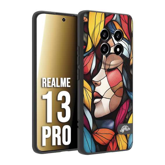 CUSTOMIZZA - Custodia cover nera morbida in tpu compatibile per Realme 13 PRO Vetrata artistica volto di donna profilo fogliare mosaico di vetro colorato