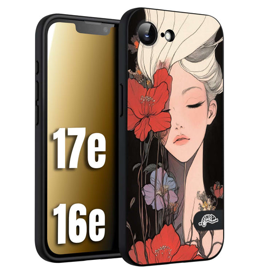 CUSTOMIZZA - Custodia cover nera morbida in tpu compatibile per iPhone 16E - 17E woman flower Fantasia Floreale Design Donna e Fiori, Retro Artistico