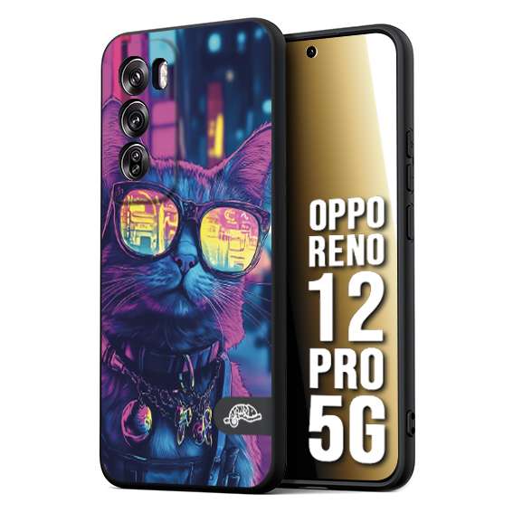 CUSTOMIZZA - Custodia cover nera morbida in tpu compatibile per Oppo Reno 12 PRO 5G animali cyberpunk gatto street cat fucsia blu giallo