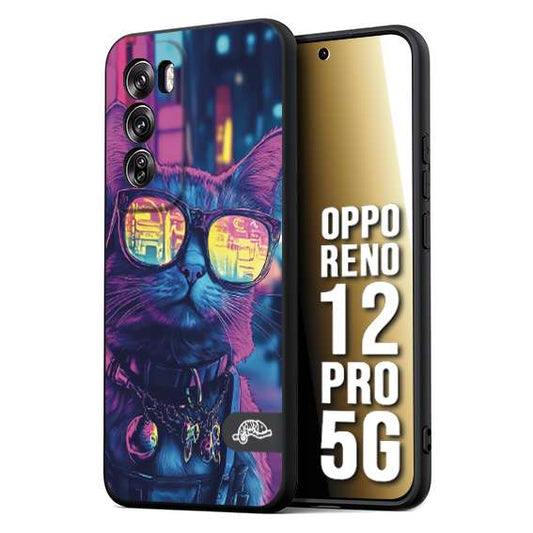 CUSTOMIZZA - Custodia cover nera morbida in tpu compatibile per Oppo Reno 12 PRO 5G animali cyberpunk gatto street cat fucsia blu giallo