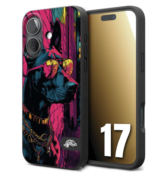 CUSTOMIZZA - Custodia cover nera morbida in tpu compatibile per iPhone 17 animali cyberpunk dobermann cane street dog fucsia blu