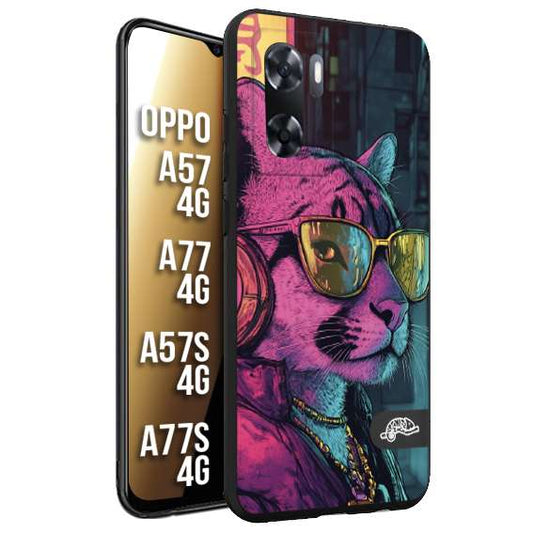 CUSTOMIZZA - Custodia cover nera morbida in tpu compatibile per Oppo A57 - A77 - A57S - A77S (4G) animali cyberpunk pantera street cat fucsia blu giallo