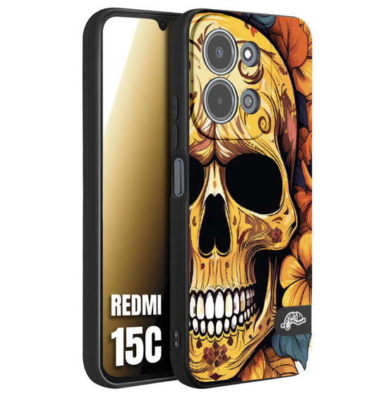 CUSTOMIZZA - Custodia cover nera morbida in tpu compatibile per Xiaomi Redmi 15C teschio messicano colorato dorato fiori autunnali disegnato