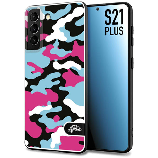 CUSTOMIZZA - Custodia cover nera morbida in tpu compatibile per Samsung S21 PLUS camouflage mimetico militare fucsia celeste
