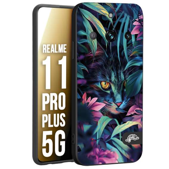 CUSTOMIZZA - Custodia cover nera morbida in tpu compatibile per Realme 11 PRO PLUS 5G animali color giungla tropicale occhio di gatto colori vibranti disegnato