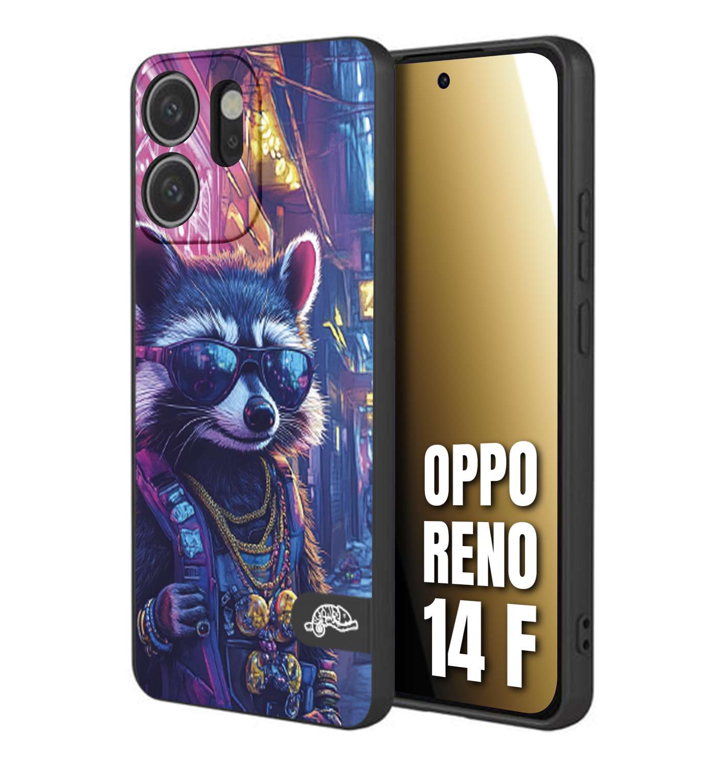 CUSTOMIZZA - Custodia cover nera morbida in tpu compatibile per Oppo Reno 14 F animali simpatici cyberpunk procione racoon street cat fucsia blu giallo