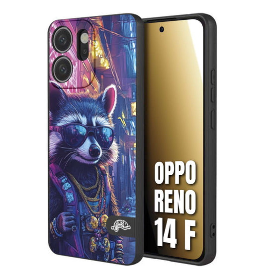 CUSTOMIZZA - Custodia cover nera morbida in tpu compatibile per Oppo Reno 14 F animali simpatici cyberpunk procione racoon street cat fucsia blu giallo