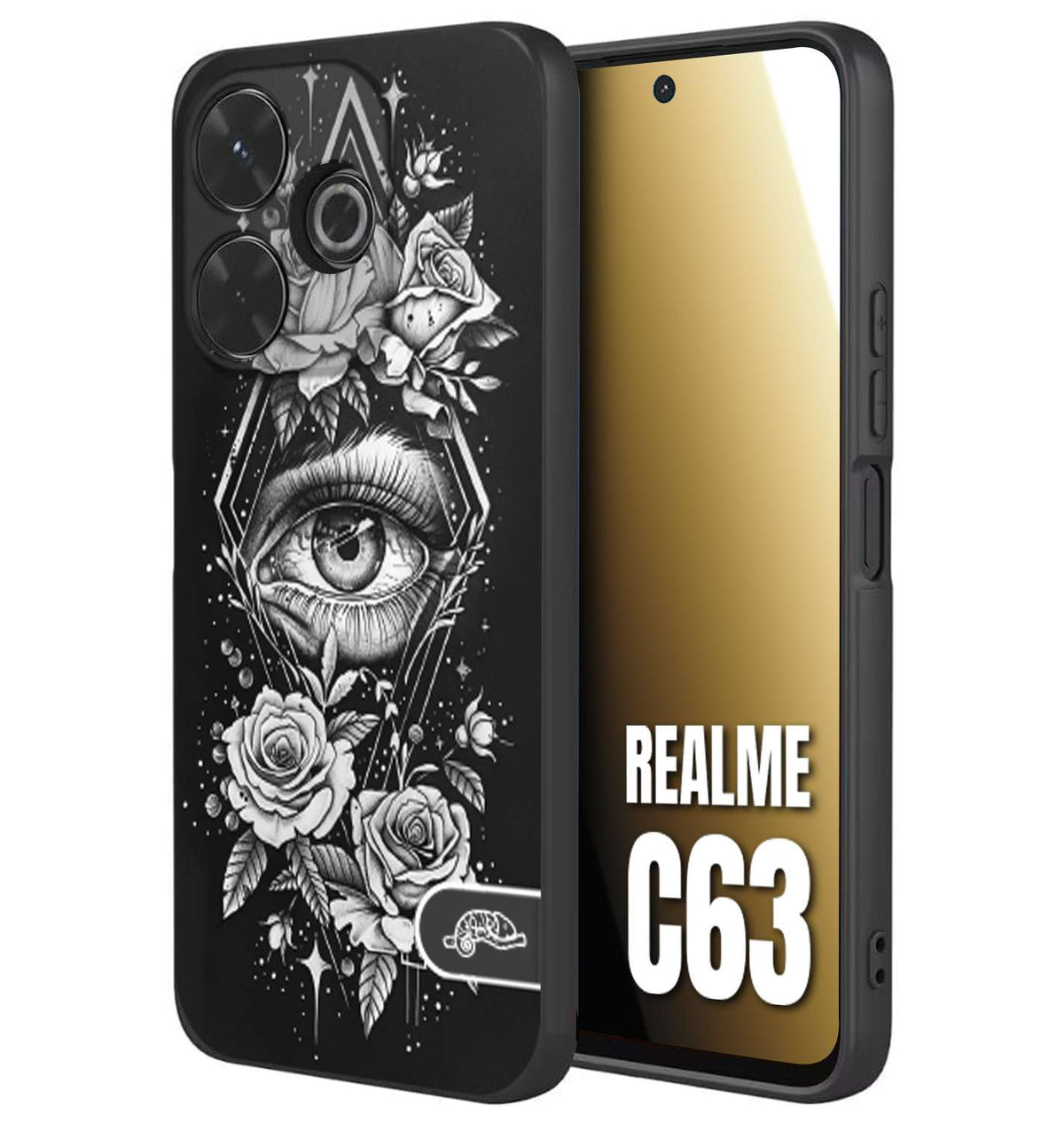 CUSTOMIZZA - Custodia cover nera morbida in tpu compatibile per Realme C63 occhio fiori rombo geometrico black and white bianco a rilievo disegnato tattoo tatuaggio